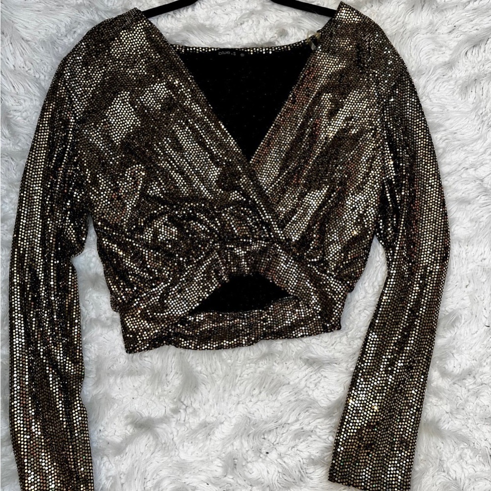 Glamorous Black Sequin Wrap Crop Blouse